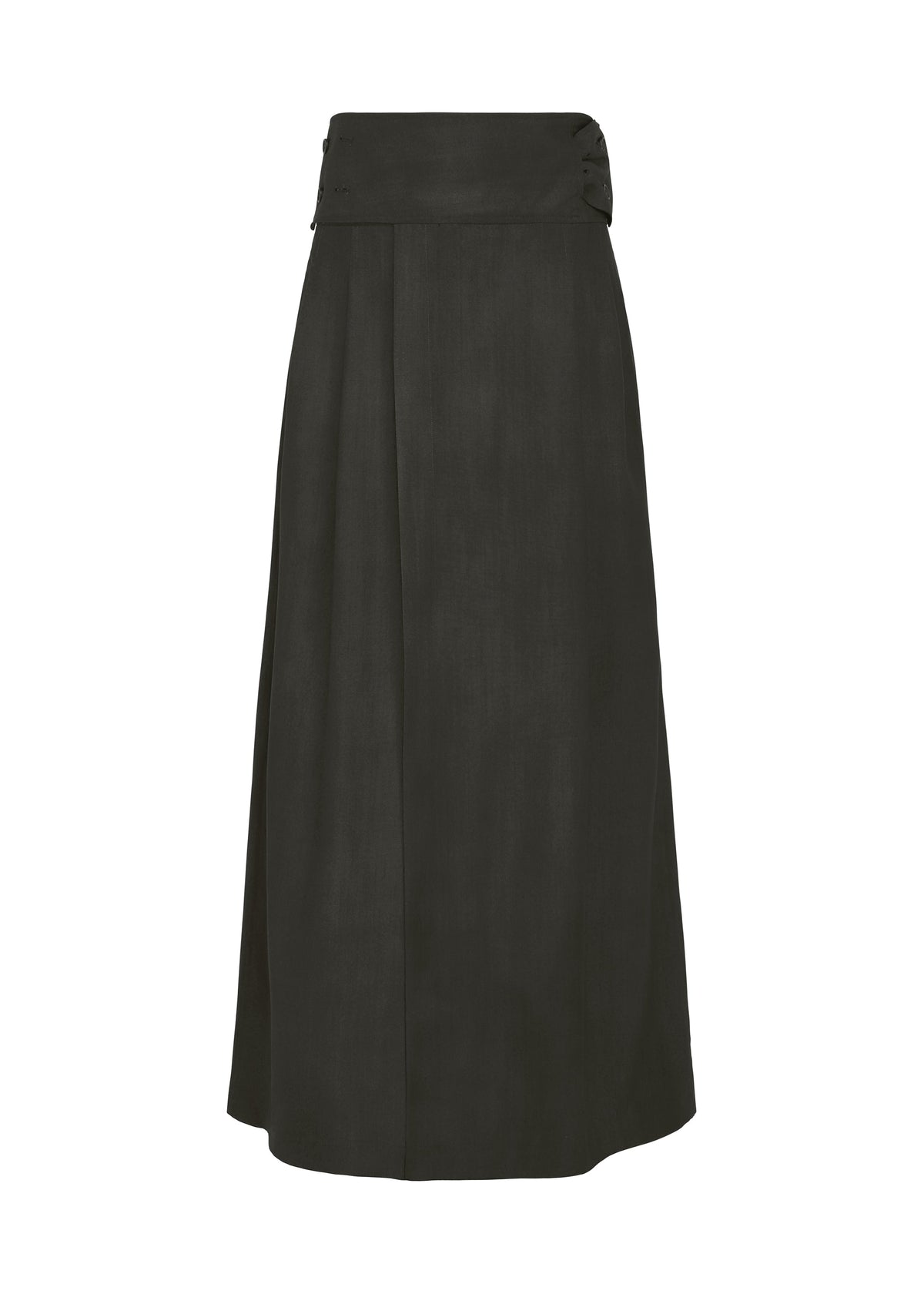 Zoomed view The GRADATION WOOL by IM MEN is a black, high-waisted A-line skirt with a wide waistband and subtle side pleats, shown on a white background. - BLACK （no.15）