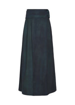 GRADATION WOOL by IM MEN: a dark green, high-waisted A-line midi skirt with wide waistband and subtle pleats. Soft matte fabric with slight sheen, reminiscent of worsted wool pants. - BLUE （no.72）