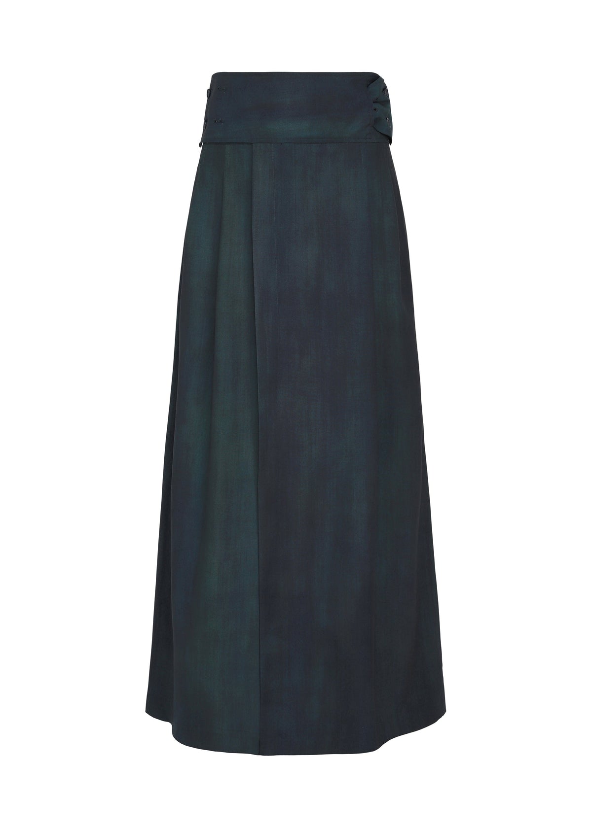 Zoomed view GRADATION WOOL by IM MEN: a dark green, high-waisted A-line midi skirt with wide waistband and subtle pleats. Soft matte fabric with slight sheen, reminiscent of worsted wool pants. - BLUE （no.72）