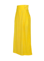 The IM MEN GRADATION WOOL pants in bright yellow feature a high waist, side pockets, decorative waistband button, and are crafted from lightweight worsted wool for a relaxed, modern fit.