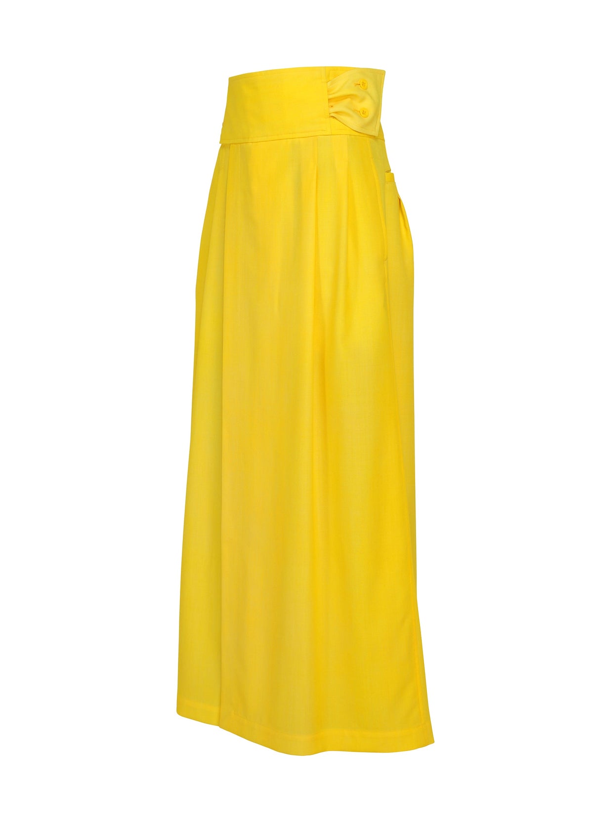 Zoomed view The IM MEN GRADATION WOOL pants in bright yellow feature a high waist, side pockets, decorative waistband button, and are crafted from lightweight worsted wool for a relaxed, modern fit.