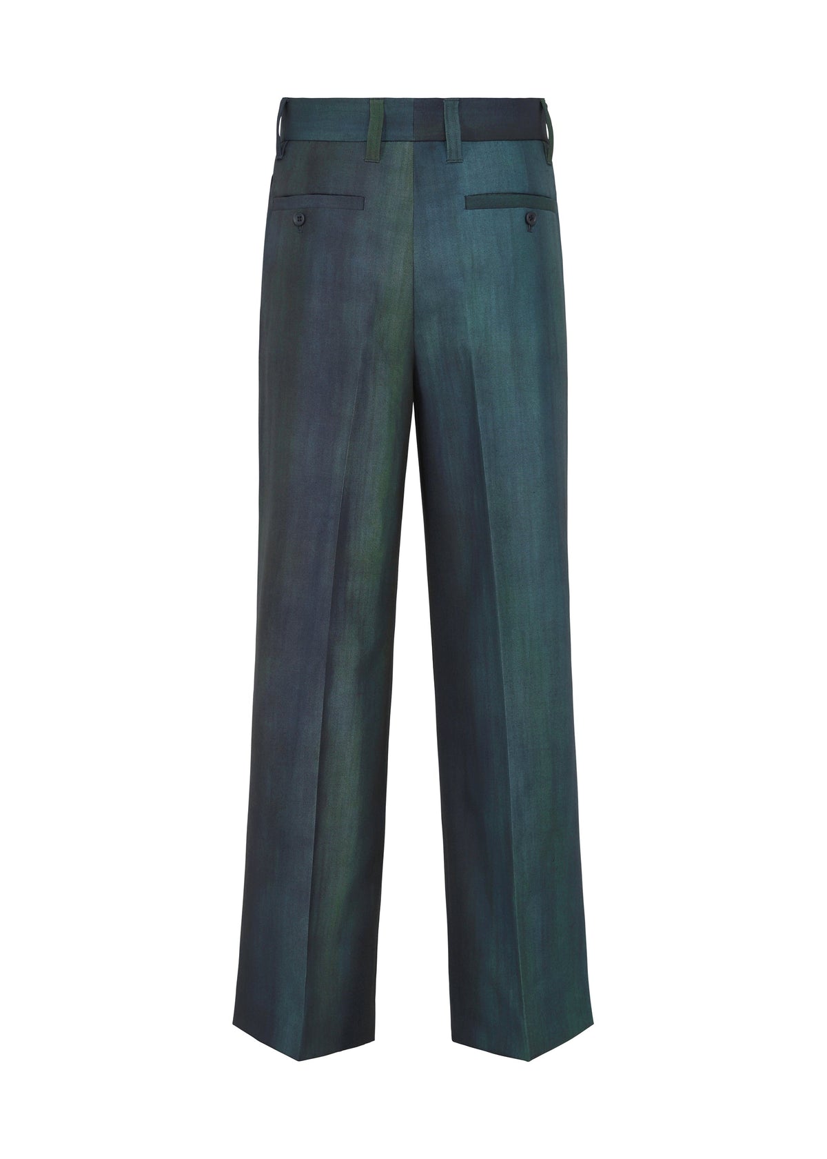 Zoomed view The IM MEN GRADATION WOOL pants are dark green wide-leg worsted wool with belt loops, two back pockets (one buttoned), and feature a clean look with subtle gradient shading from a unique dye technique.