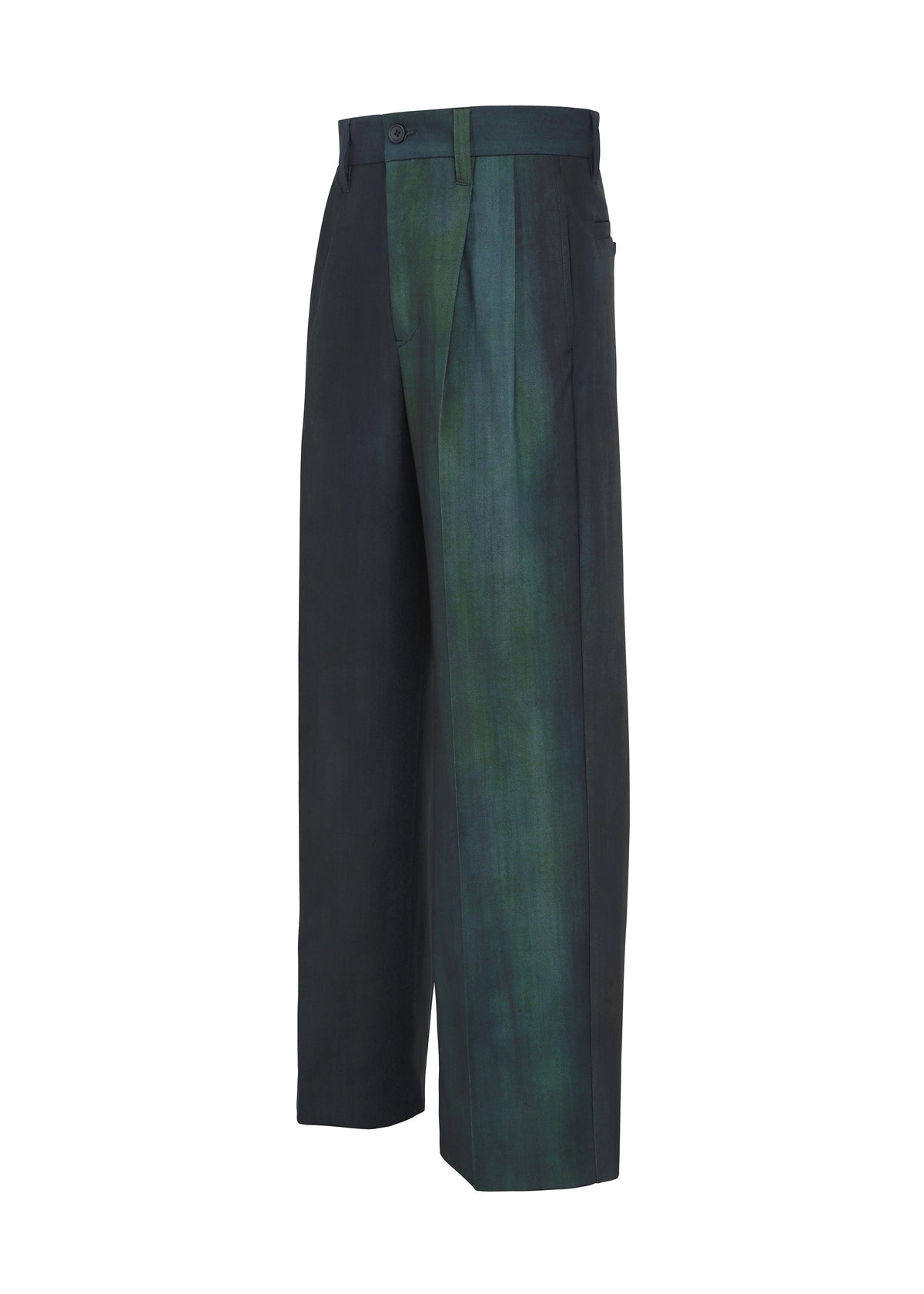 IM MEN’s GRADATION WOOL features wide-leg worsted wool pants with a high waist, deep pleats, a green and black gradient pattern, belt loops, button closure, and side pockets. view 4 of 8