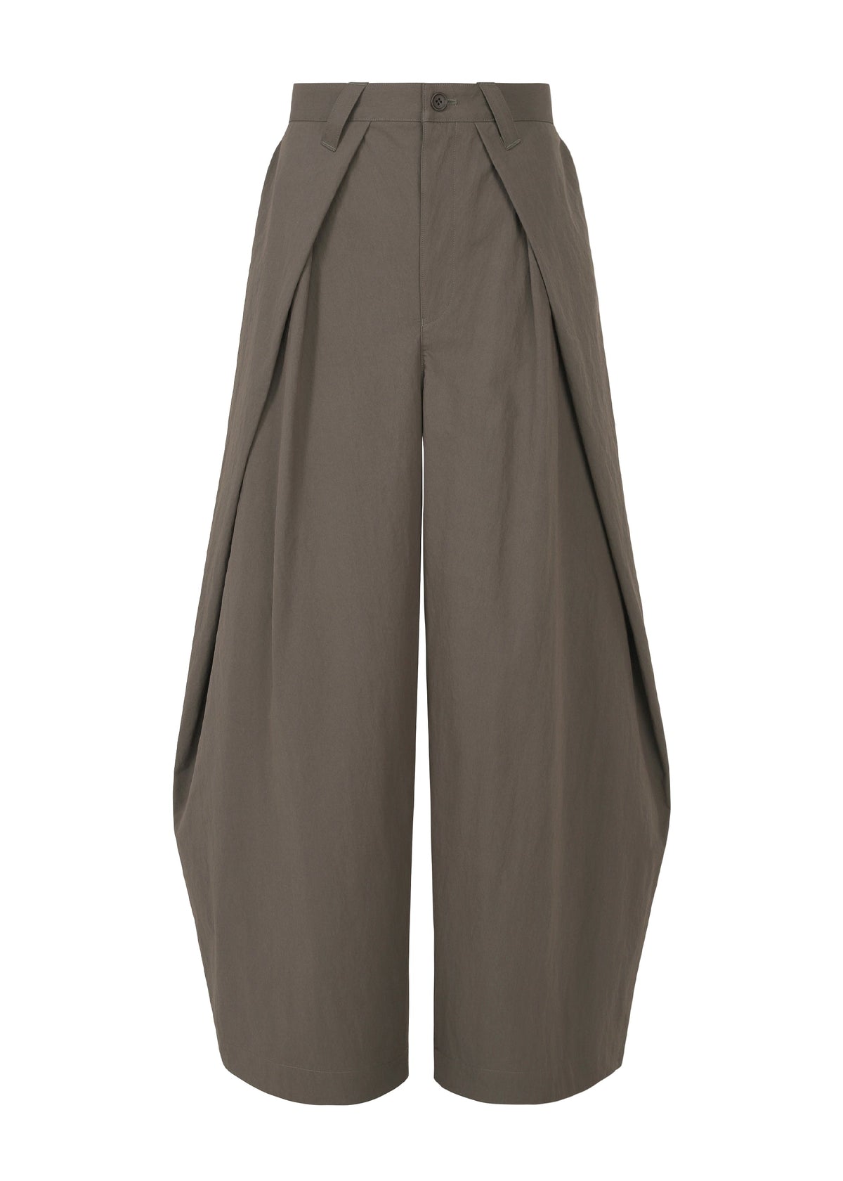 The IM MEN OVERLAP pants are wide-leg, high-waisted brown trousers made from a cotton nylon blend, featuring pleated sculptural side panels and a front button closure, shown on a plain white background. view 1 of 8