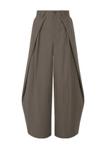 The IM MEN OVERLAP pants are wide-leg, high-waisted brown trousers made from a cotton nylon blend, featuring pleated sculptural side panels and a front button closure, shown on a plain white background. - BROWN （no.44）