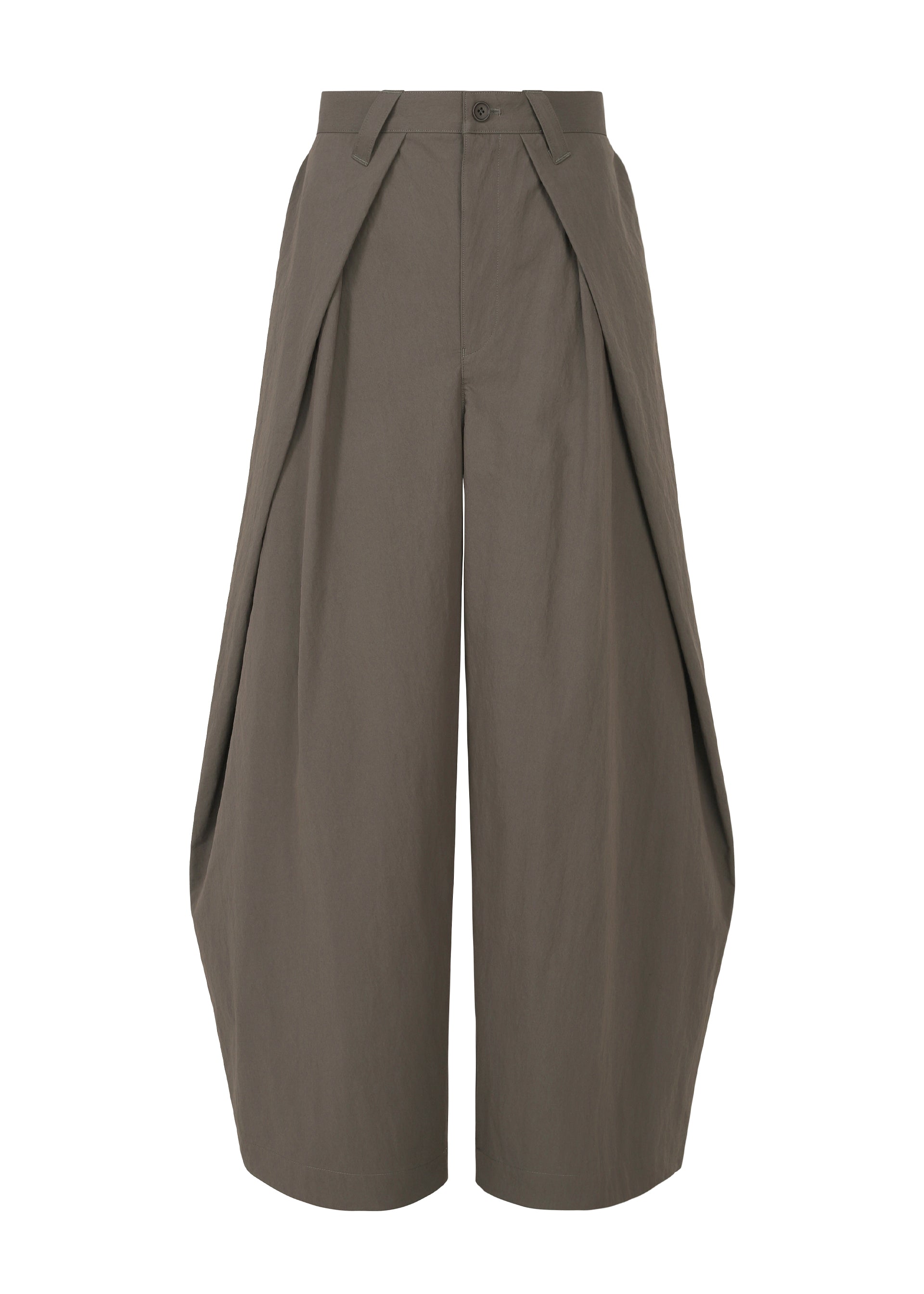 Zoomed view The IM MEN OVERLAP pants are wide-leg, high-waisted brown trousers made from a cotton nylon blend, featuring pleated sculptural side panels and a front button closure, shown on a plain white background. - BROWN （no.44）