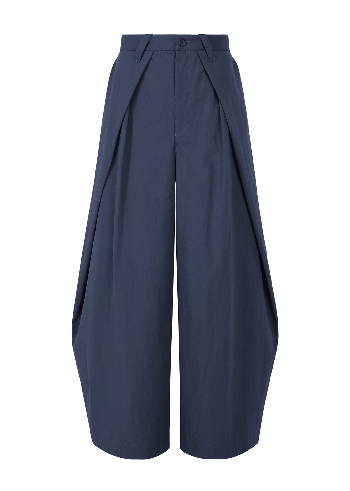 The OVERLAP pants by IM MEN are wide-leg, high-waisted navy trousers made from a cotton-nylon blend with pleats and a distinctive voluminous shape, shown on a white background. view 2 of 8