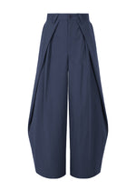 The OVERLAP pants by IM MEN are wide-leg, high-waisted navy trousers made from a cotton-nylon blend with pleats and a distinctive voluminous shape, shown on a white background. - NAVY （no.75）