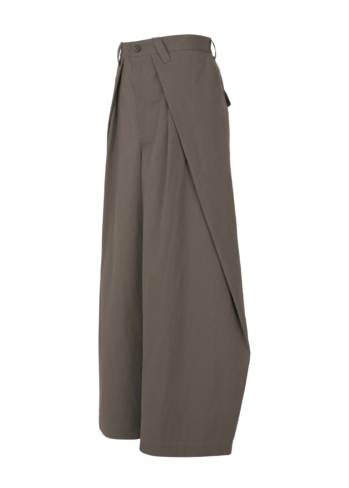The OVERLAP trousers by IM MEN are wide-leg, high-waisted brown pants made from a textured cotton-nylon blend, featuring a distinctive wrap design and shown in profile against a white background. view 4 of 8