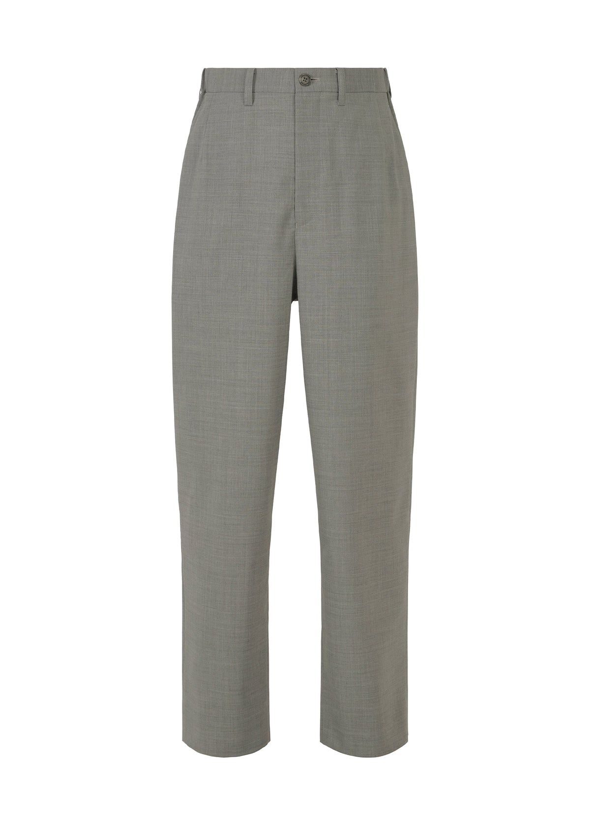 The SUAVE pants by IM MEN feature a light grey wool blend, straight-leg cut, belt loops, front button and zip closure. Lightweight and breathable, these pants are displayed against a white background. view 1 of 9