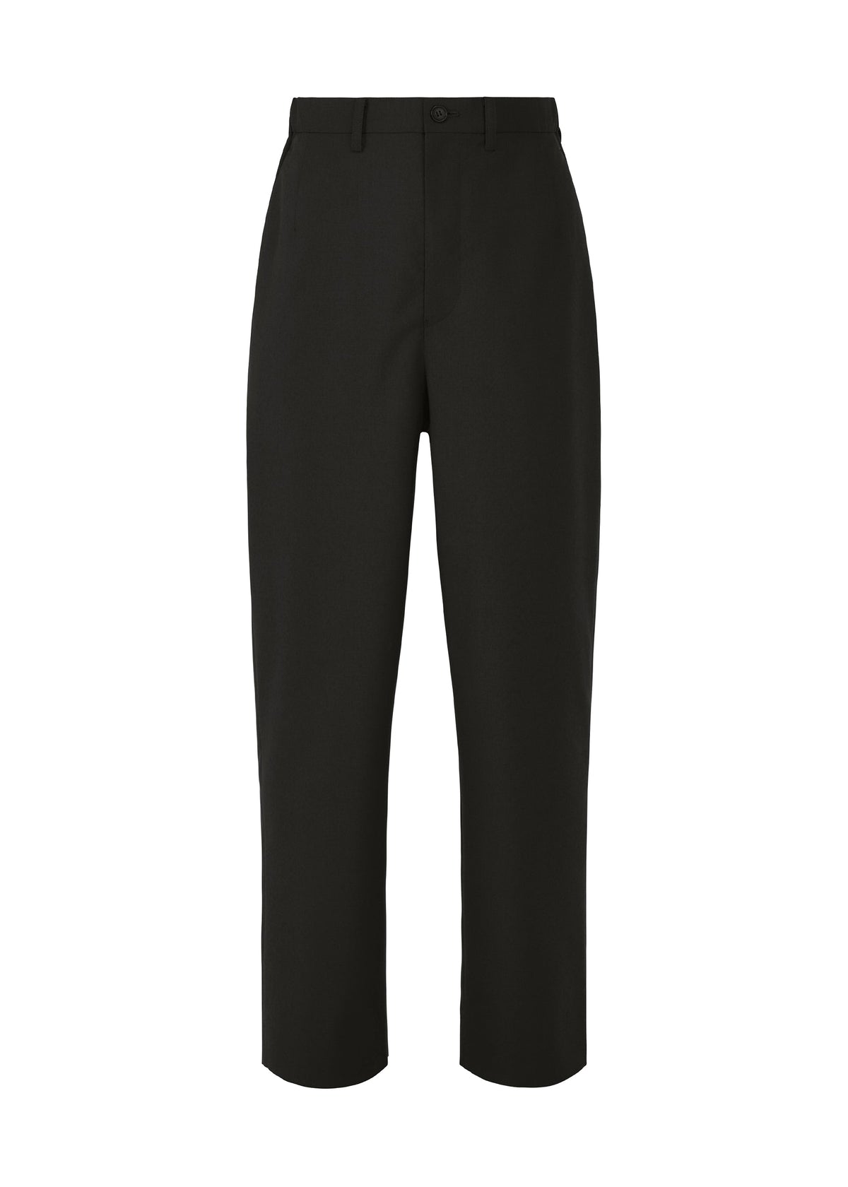 The SUAVE pants by IM MEN are black straight-leg wool blend trousers featuring a high waist, belt loops, and a button closure, shown against a white background. view 2 of 9