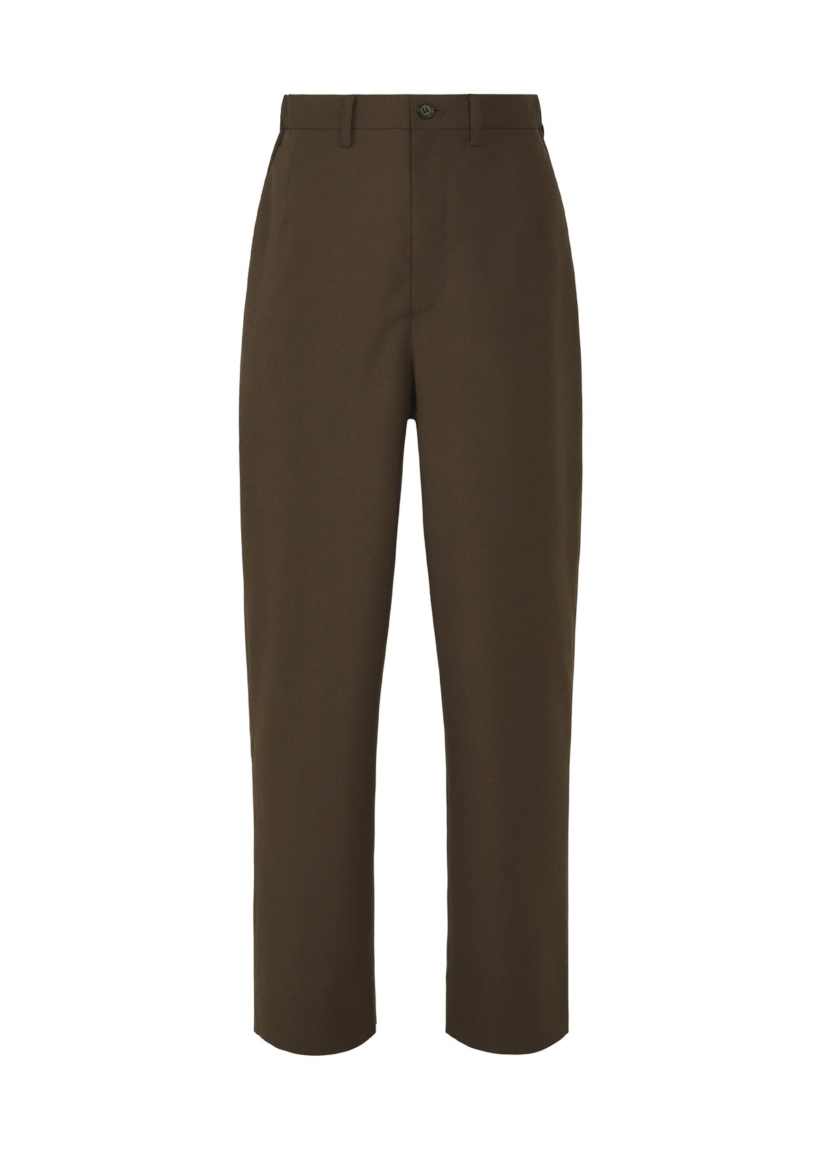 The IM MEN SUAVE pants are high-waisted, straight-leg brown wool blend trousers with belt loops, button closure, and side pockets, shown against a white background. view 3 of 9