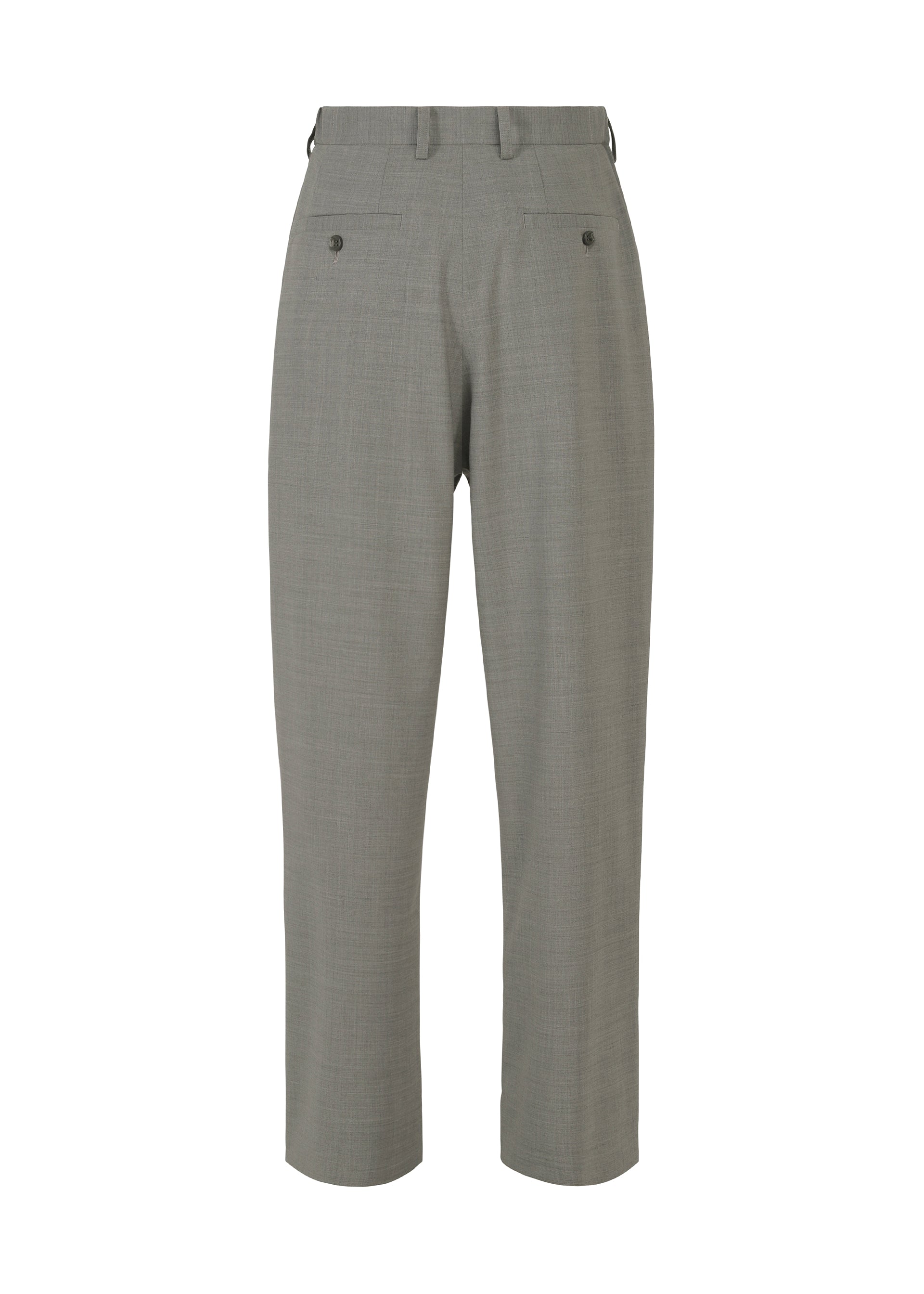 Zoomed view The IM MEN SUAVE gray wool blend pants feature belt loops, two buttoned back pockets, and a straight leg cut for a breathable, lightweight feel, shown against a white background.