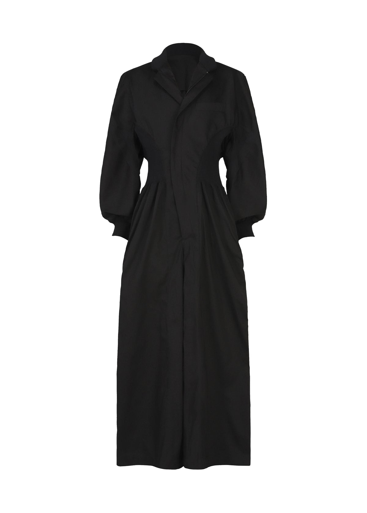 The CLAY dress by IM MEN is a long black rib knit dress featuring a fitted waist, long puffed sleeves, and a notched collar. With a concealed front closure and calf-length hem, it offers both warmth and elegance, making it ideal for IM MEN Autumn Winter 2026/27. view 1 of 9