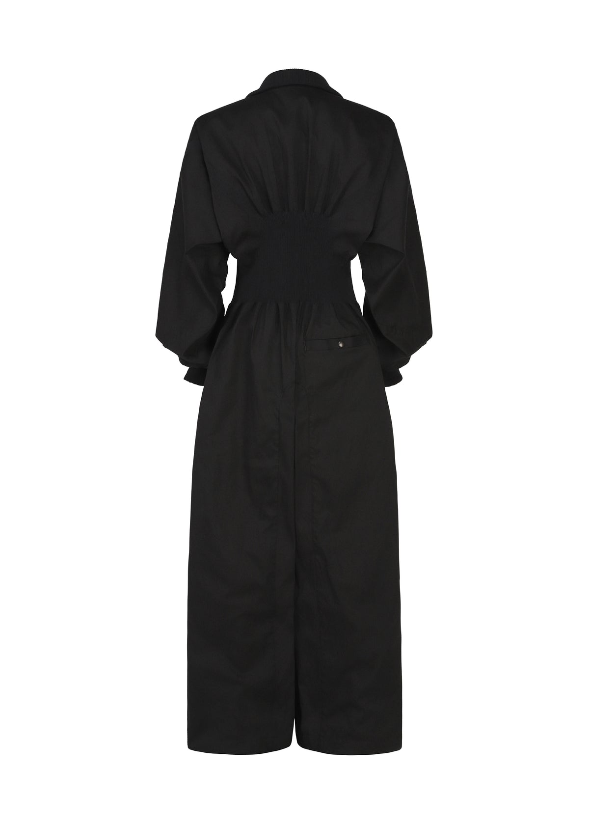 Back view of the CLAY dress by IM MEN, a long black piece crafted from rib knit fabric with long sleeves, a cinched waist, and a slightly flared skirt. Tailored for a flattering fit, it features gathered details at the upper back and draws inspiration from sculptural jumpsuit silhouettes showcased in the IM MEN Autumn Winter 2026/27 collection. view 3 of 9