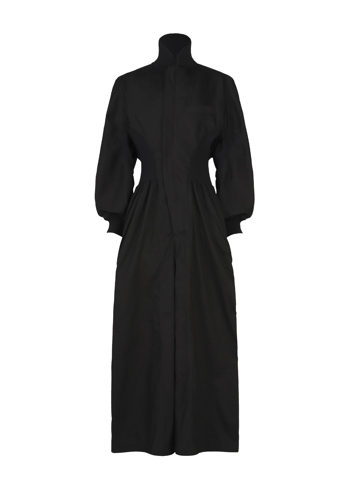 Zoomed view CLAY by IM MEN is a long-sleeve black dress featuring a high collar, fitted cuffs, and a tailored waist. Made from rib knit fabric, this ankle-length dress boasts a structured, minimalist silhouette and a concealed front closure—a refined piece inspired by the IM MEN Autumn Winter 2026/27 collection.