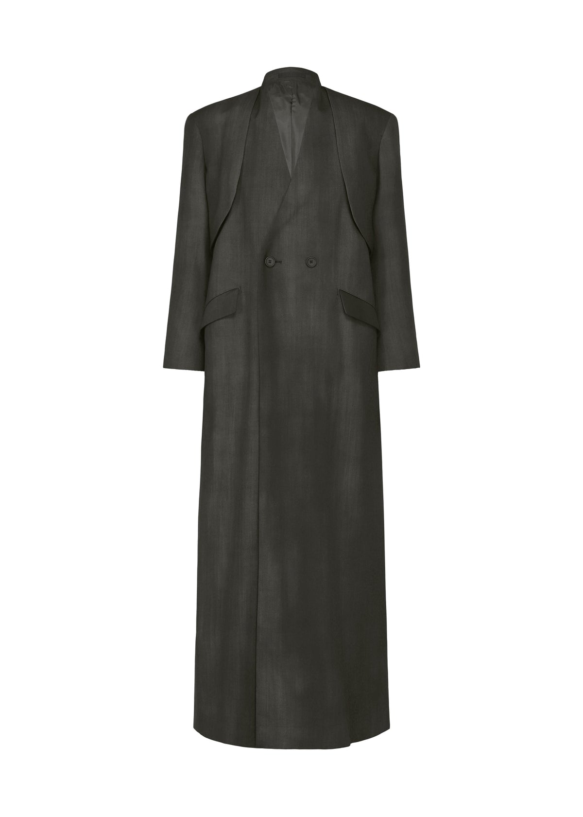 The GRADATION WOOL by IM MEN is a long, dark gray double-breasted worsted wool coat with peak lapels, structured shoulders, relaxed fit, and full-length sleeves shown on a plain white background. view 1 of 13