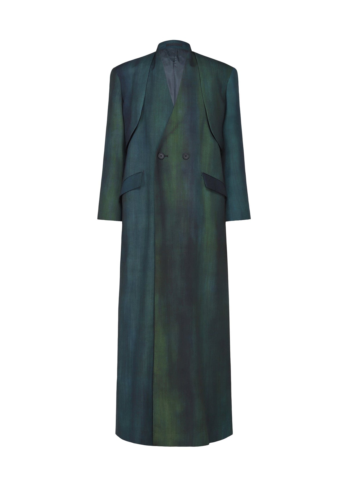 Zoomed view The GRADATION WOOL by IM MEN is a long, double-breasted worsted wool coat in dark green and blue with a unique dye technique and straight silhouette from the Autumn Winter 2026/27 collection. Shown on a plain white background. - BLUE （no.72）