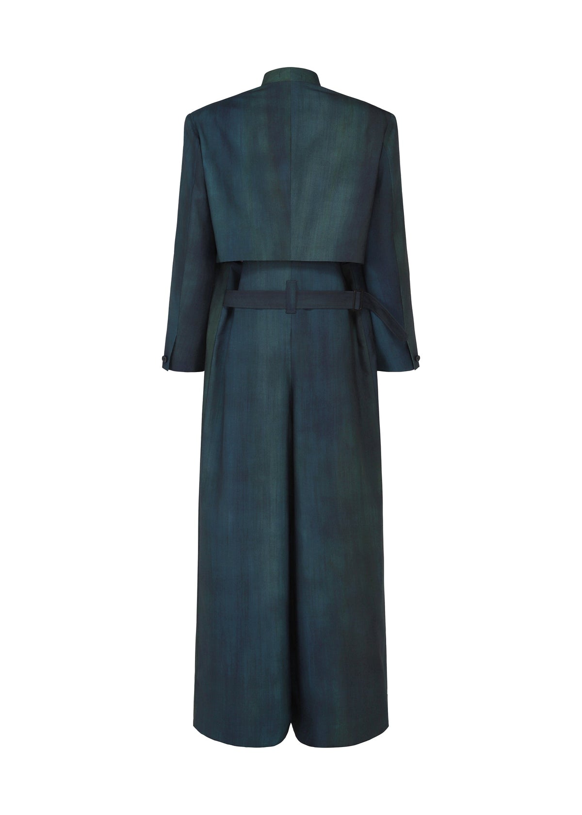 Long dark green GRADATION WOOL coat by IM MEN, Autumn Winter 2026/27. Tailored worsted wool, belted waist, long sleeves, straight floor-length silhouette, shown from the back. view 3 of 13