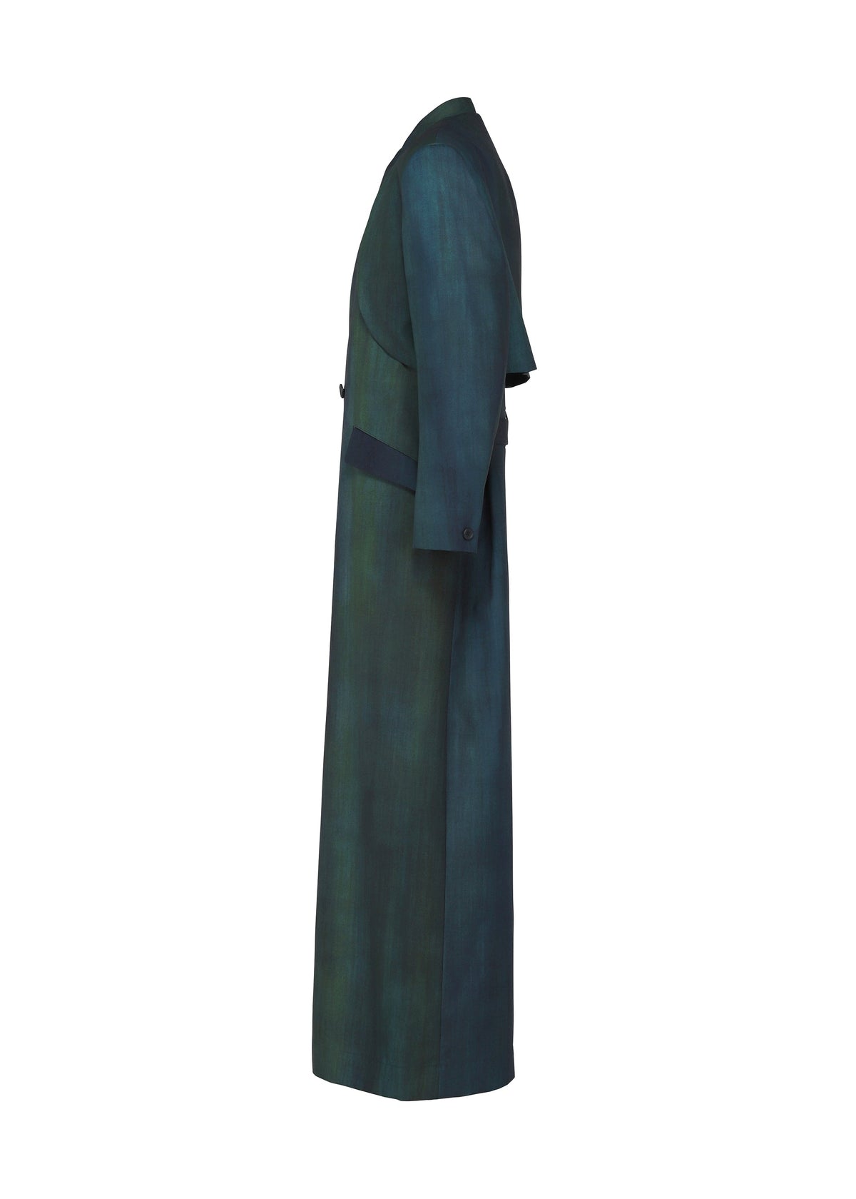 Zoomed view The GRADATION WOOL coat by IM MEN features a long, dark green and blue gradient in worsted wool, shown side view against a white background with a structured collar and long sleeves.
