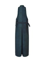Sleeveless, dark blue-green GRADATION WOOL dress by IM MEN seen from the back, with a loose long fit, waist belt, high collar, and unique worsted wool dye for Autumn Winter 2026/27.
