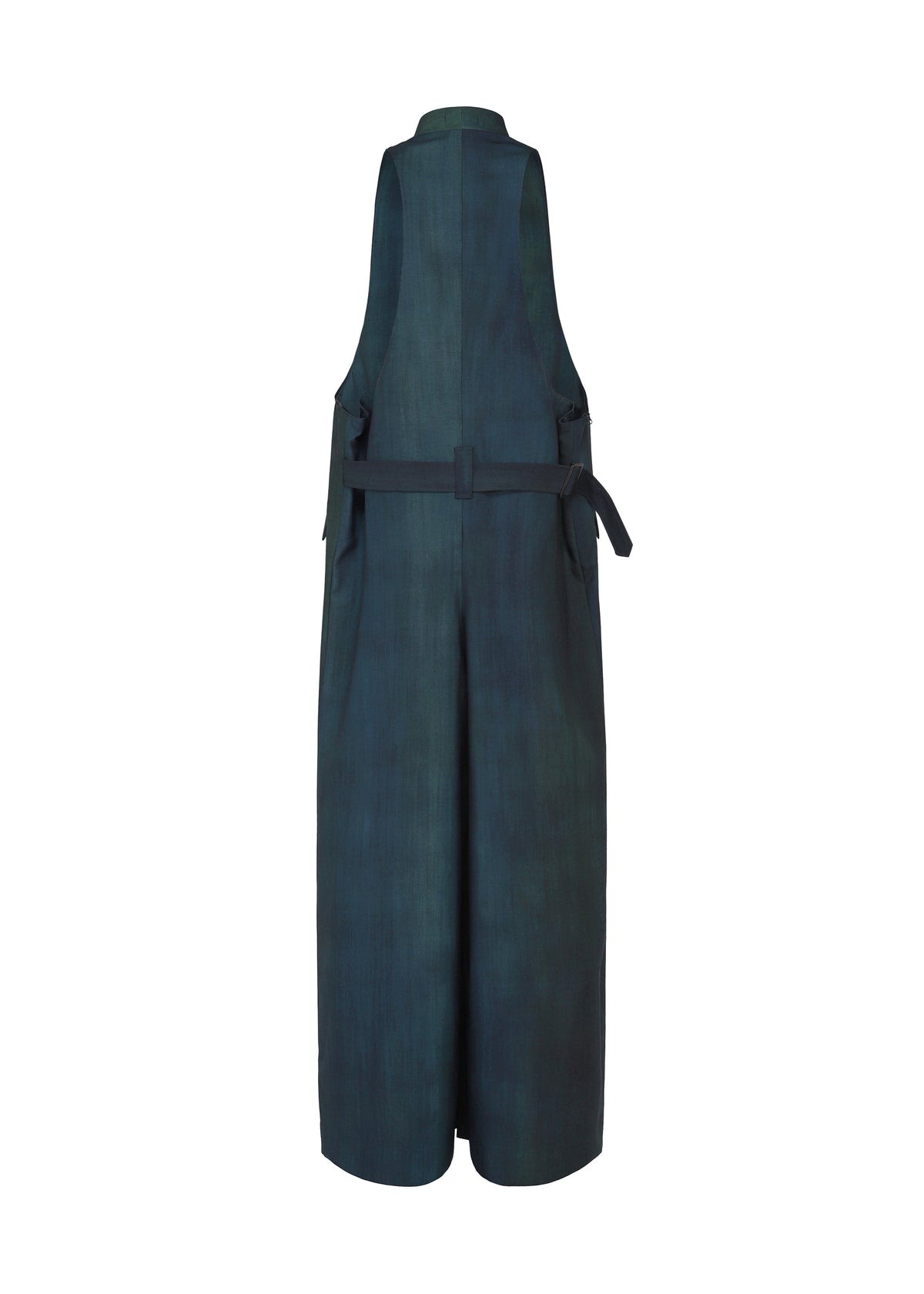 Zoomed view Sleeveless, dark blue-green GRADATION WOOL dress by IM MEN seen from the back, with a loose long fit, waist belt, high collar, and unique worsted wool dye for Autumn Winter 2026/27.