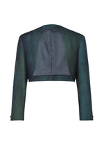 A cropped, long-sleeve GRADATION WOOL jacket in dark green and blue by IM MEN, crafted from worsted wool with a unique dye. Features a central black panel and sleeve button details; shown from the back for Autumn Winter 2026/27.