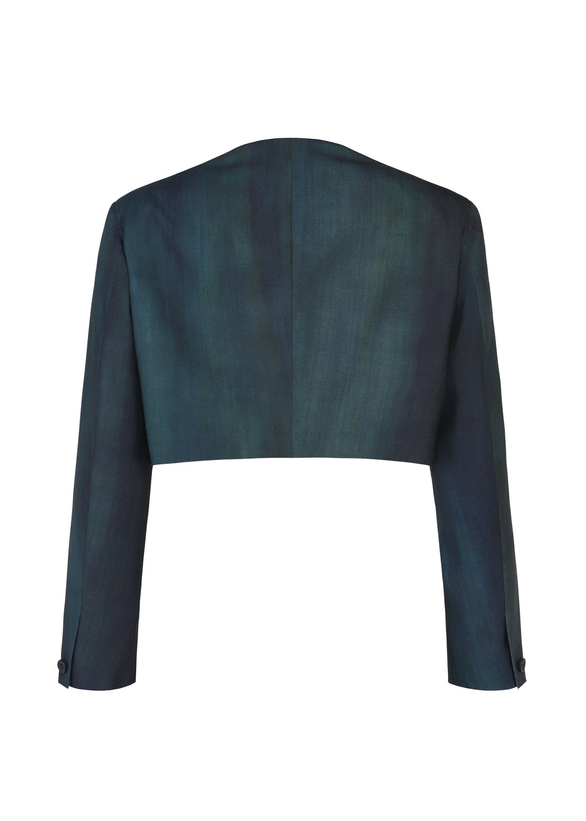 The GRADATION WOOL is a dark green cropped blazer in worsted wool with long sleeves and a subtle sheen, shown from the back on a white background. IM MEN Autumn Winter 2026/27. view 8 of 13