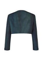 The GRADATION WOOL is a dark green cropped blazer in worsted wool with long sleeves and a subtle sheen, shown from the back on a white background. IM MEN Autumn Winter 2026/27.