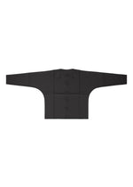 The IM MEN COMPACT SHIRT BLACK is a wrinkle-resistant, long-sleeved kimono-style shirt with wide sleeves and a simple geometric design, shown laid flat on a white background.