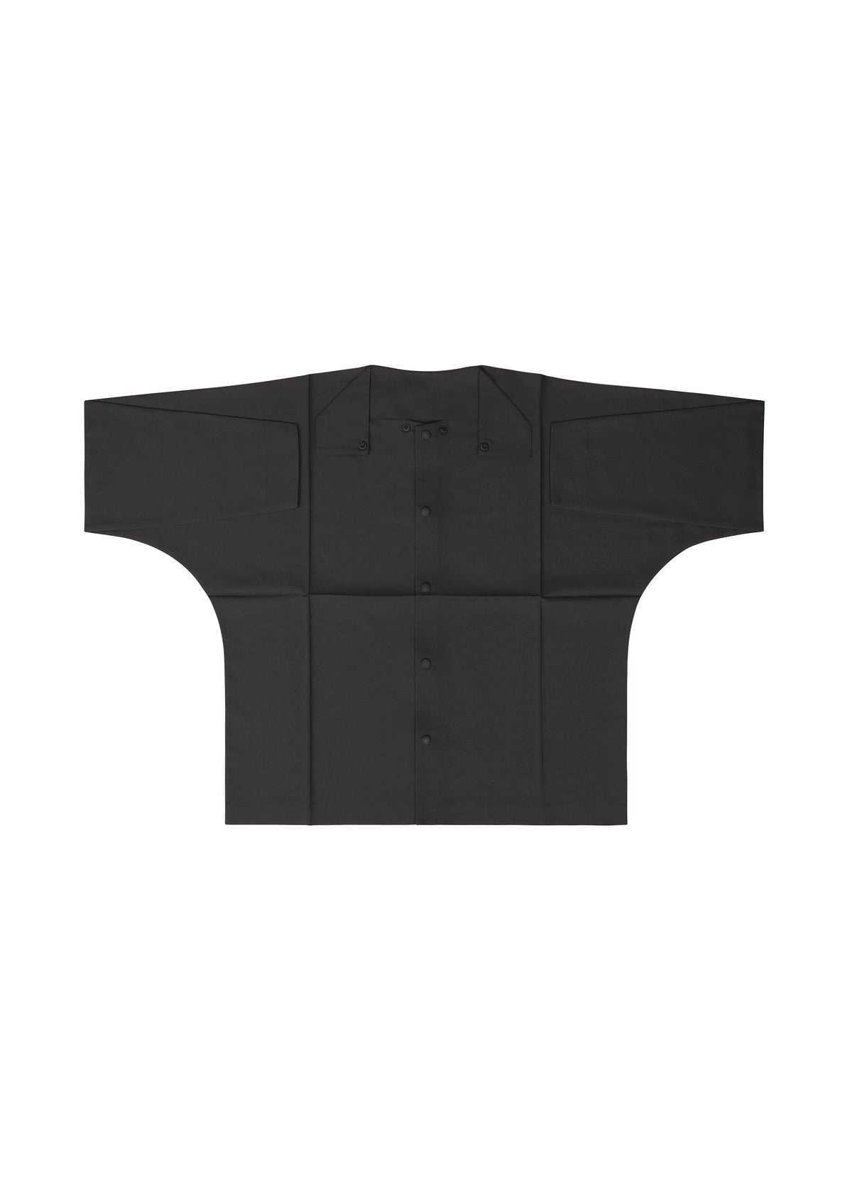 The IM MEN COMPACT SHIRT BLACK is a traditional Japanese kimono-style garment with wide sleeves, a straight open front with buttons and tie closures at the collar, and a subtle geometric pattern. view 5 of 11