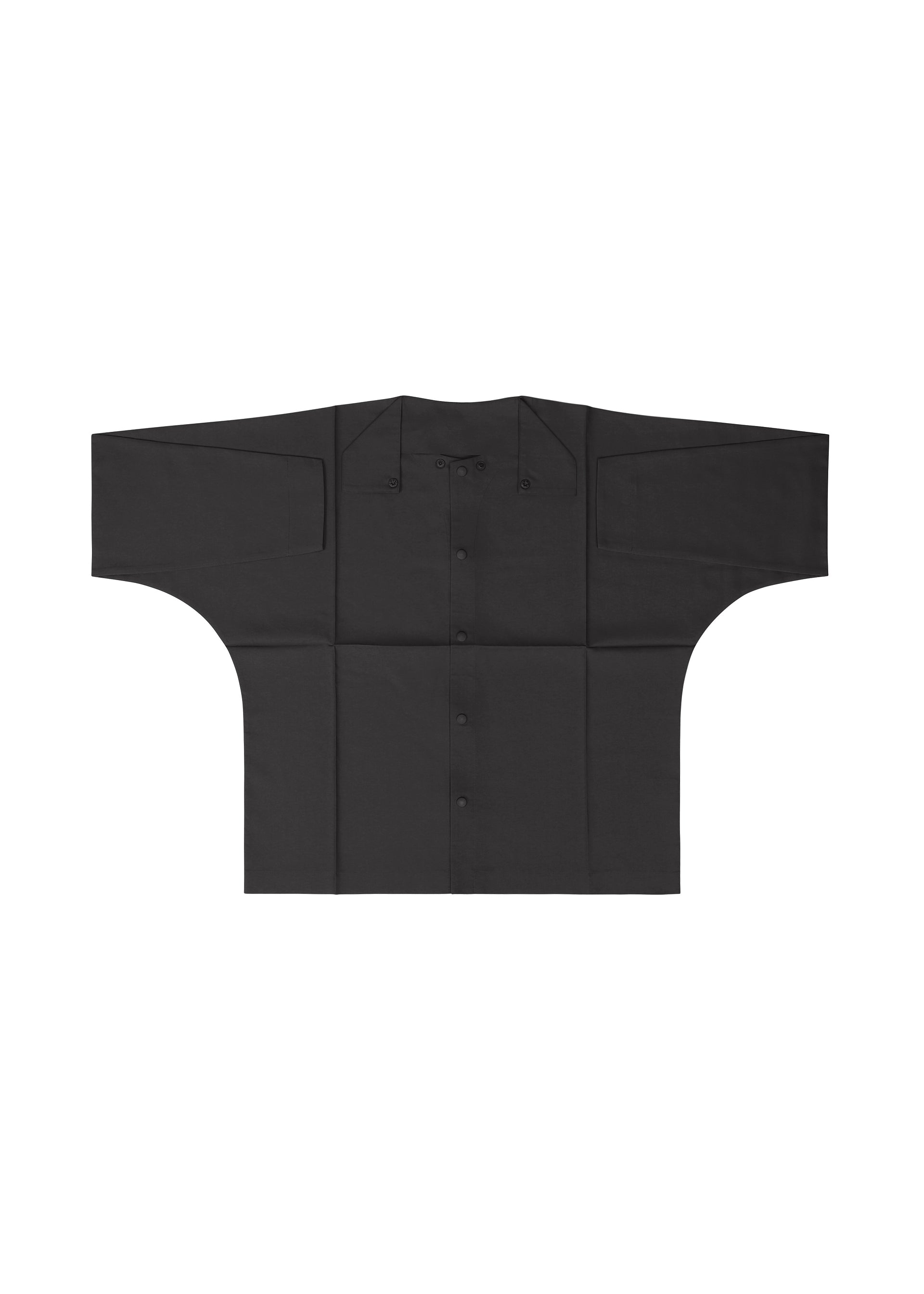 Zoomed view The IM MEN COMPACT SHIRT BLACK is a traditional Japanese kimono-style garment with wide sleeves, a straight open front with buttons and tie closures at the collar, and a subtle geometric pattern.