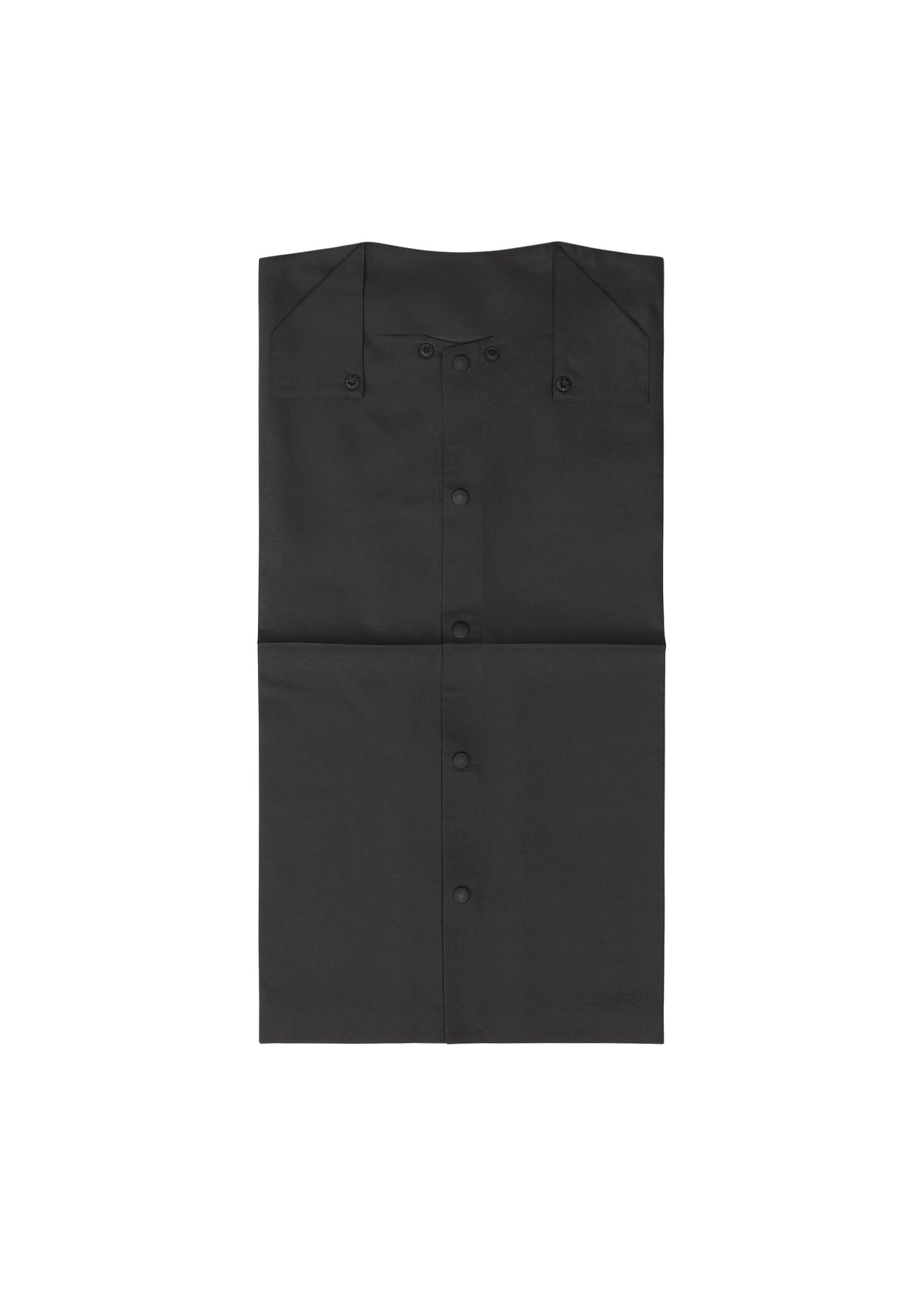The IM MEN COMPACT SHIRT BLACK, a wrinkle-resistant chef coat with buttons and a collar, is neatly folded like a long-sleeved shirt and displayed from above on a plain white background. view 6 of 11