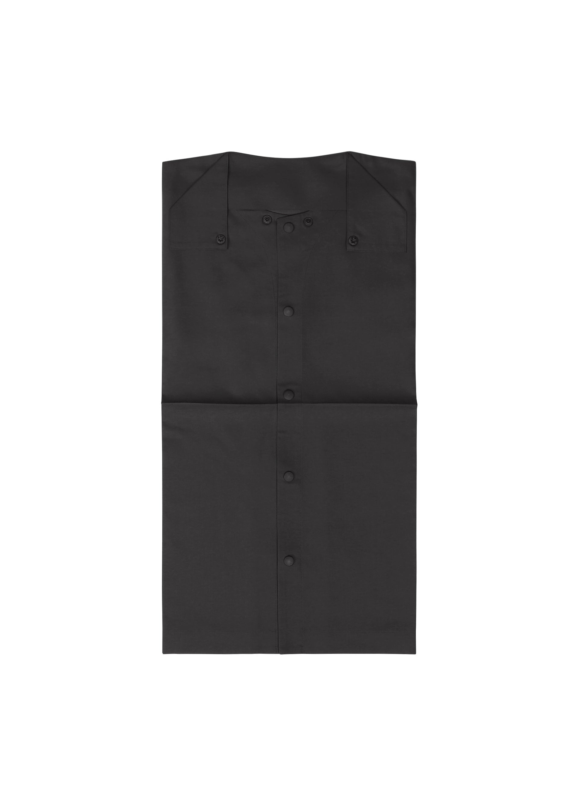 Zoomed view The IM MEN COMPACT SHIRT BLACK, a wrinkle-resistant chef coat with buttons and a collar, is neatly folded like a long-sleeved shirt and displayed from above on a plain white background.
