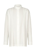The CLAY SHIRT by IM MEN is a long-sleeved, white cotton shirt with a stand-up collar and subtle vertical textured detailing. Designed with a loose, relaxed fit and plain cuffs, it offers effortless style. - WHITE （no.01）