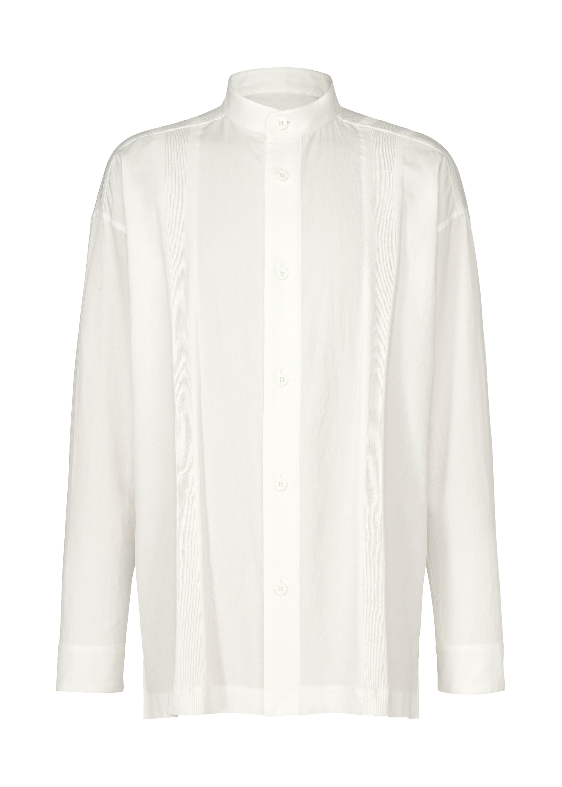 Zoomed view The CLAY SHIRT by IM MEN is a long-sleeved, white cotton shirt with a stand-up collar and subtle vertical textured detailing. Designed with a loose, relaxed fit and plain cuffs, it offers effortless style. - WHITE （no.01）