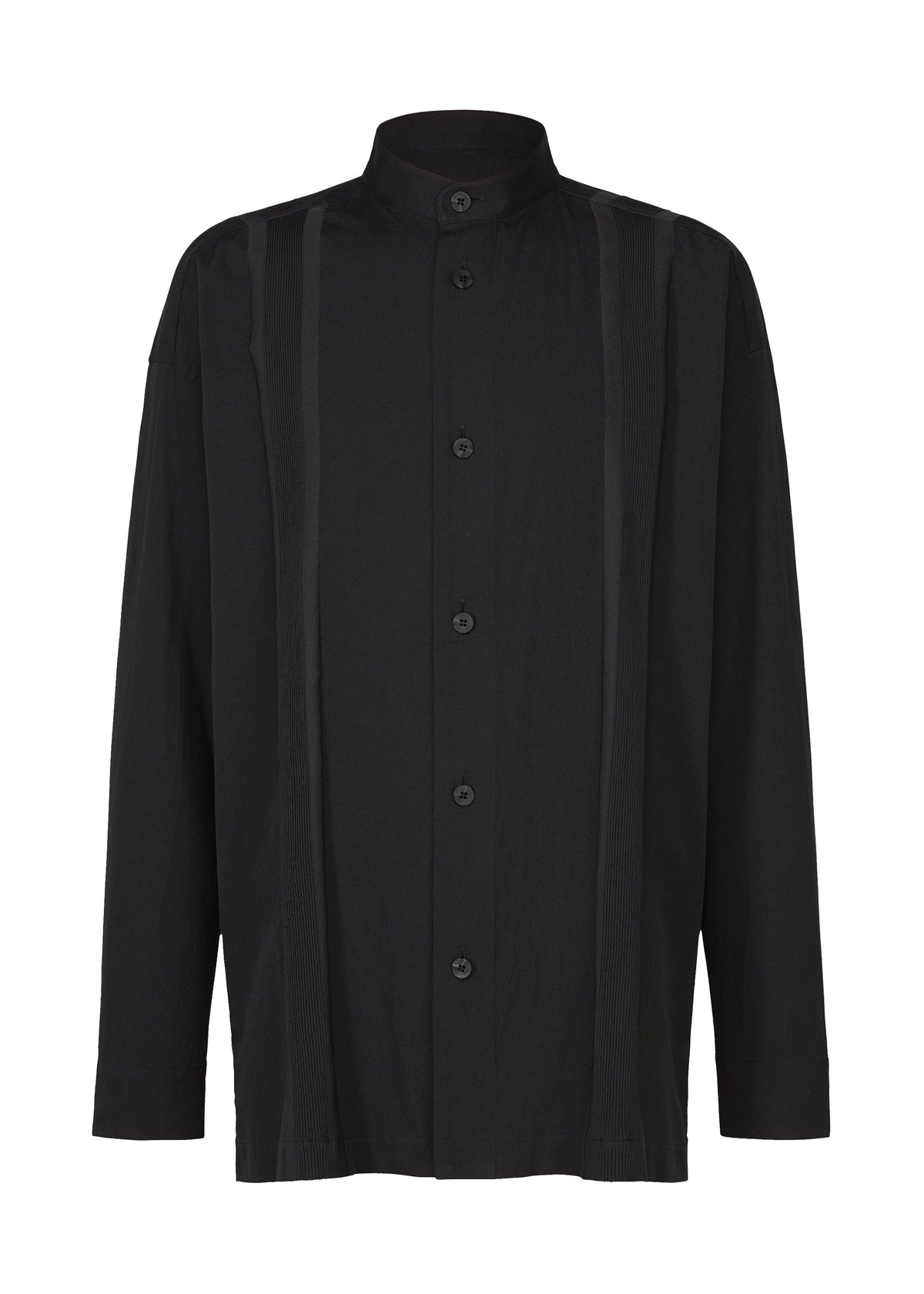The CLAY SHIRT by IM MEN is a long-sleeved black shirt featuring a mandarin collar and subtle vertical ribbed stripes on the front, crafted from soft cotton. view 2 of 8