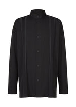 The CLAY SHIRT by IM MEN is a long-sleeved black shirt featuring a mandarin collar and subtle vertical ribbed stripes on the front, crafted from soft cotton. - BLACK （no.15）