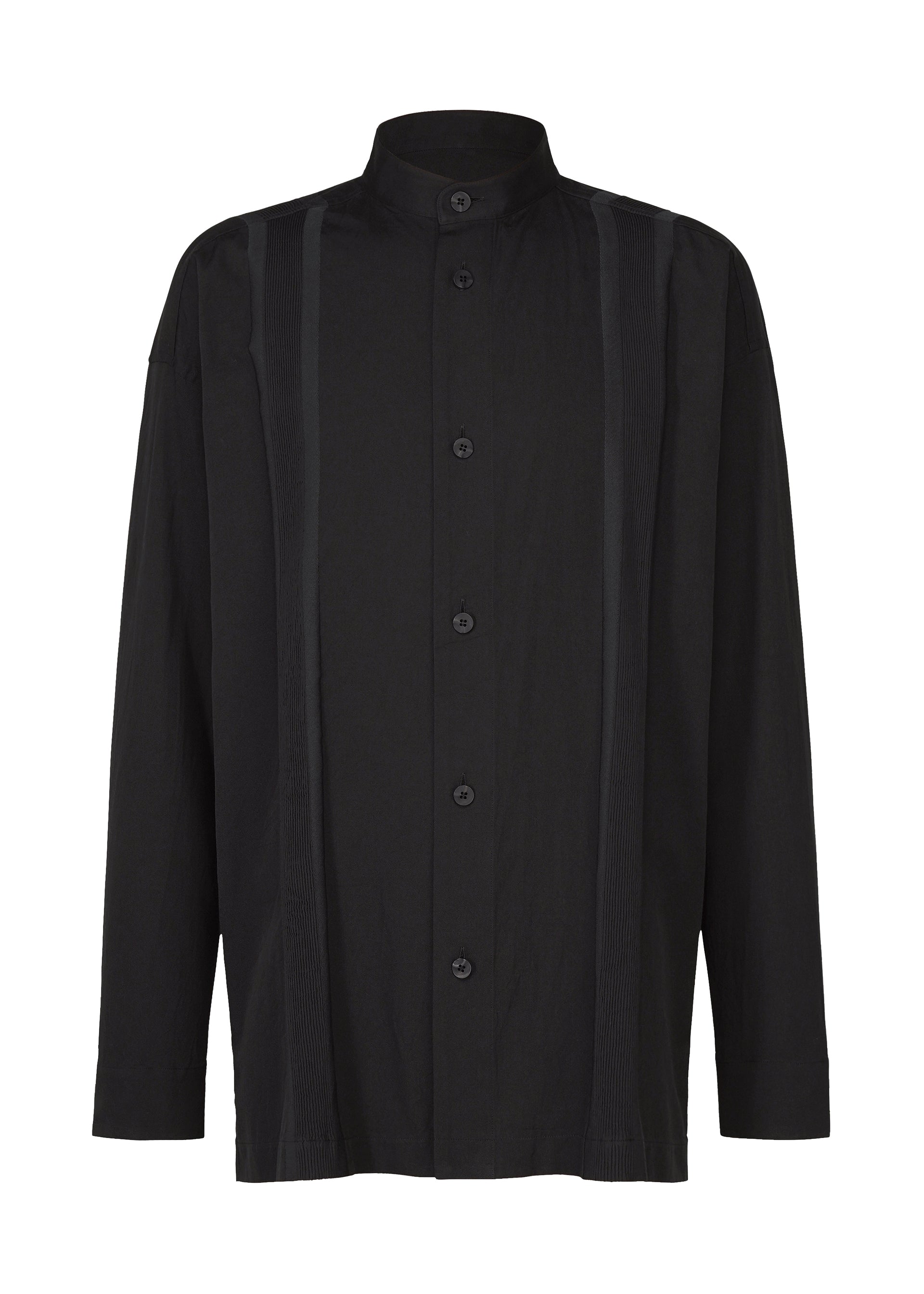 Zoomed view The CLAY SHIRT by IM MEN is a long-sleeved black shirt featuring a mandarin collar and subtle vertical ribbed stripes on the front, crafted from soft cotton. - BLACK （no.15）