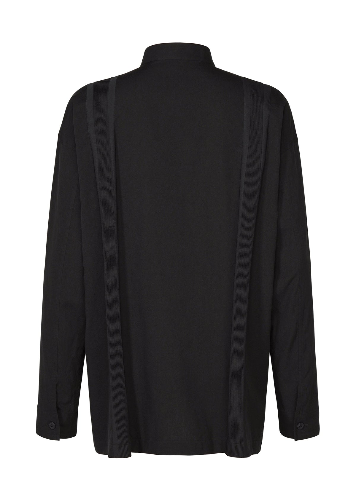 The CLAY SHIRT by IM MEN is a black, long-sleeve shirt with a stand-up collar, seen from the back. It features subtle vertical textured stripes and is made from soft cotton material. view 3 of 8