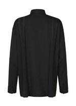 The CLAY SHIRT by IM MEN is a black, long-sleeve shirt with a stand-up collar, seen from the back. It features subtle vertical textured stripes and is made from soft cotton material.