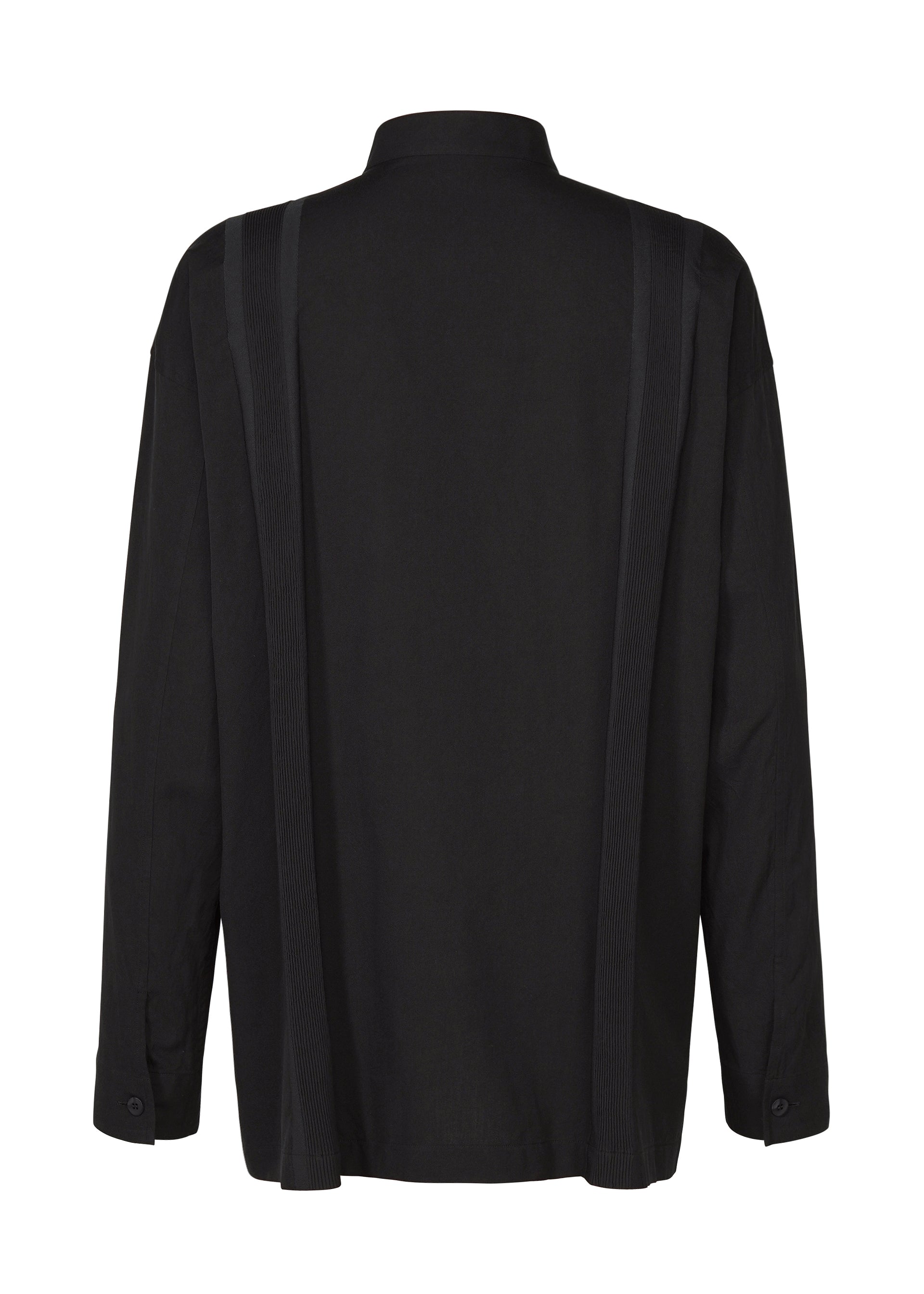 Zoomed view The CLAY SHIRT by IM MEN is a black, long-sleeve shirt with a stand-up collar, seen from the back. It features subtle vertical textured stripes and is made from soft cotton material.