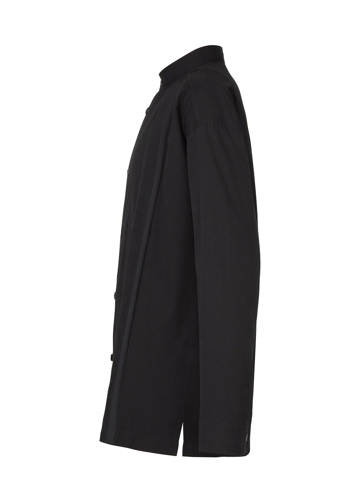 The CLAY SHIRT by IM MEN is shown from the side, featuring a straight cut, rib knit collar, and plain design in black soft cotton with long sleeves and button-up closure. view 4 of 8