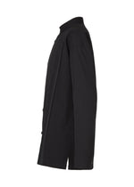 The CLAY SHIRT by IM MEN is shown from the side, featuring a straight cut, rib knit collar, and plain design in black soft cotton with long sleeves and button-up closure.