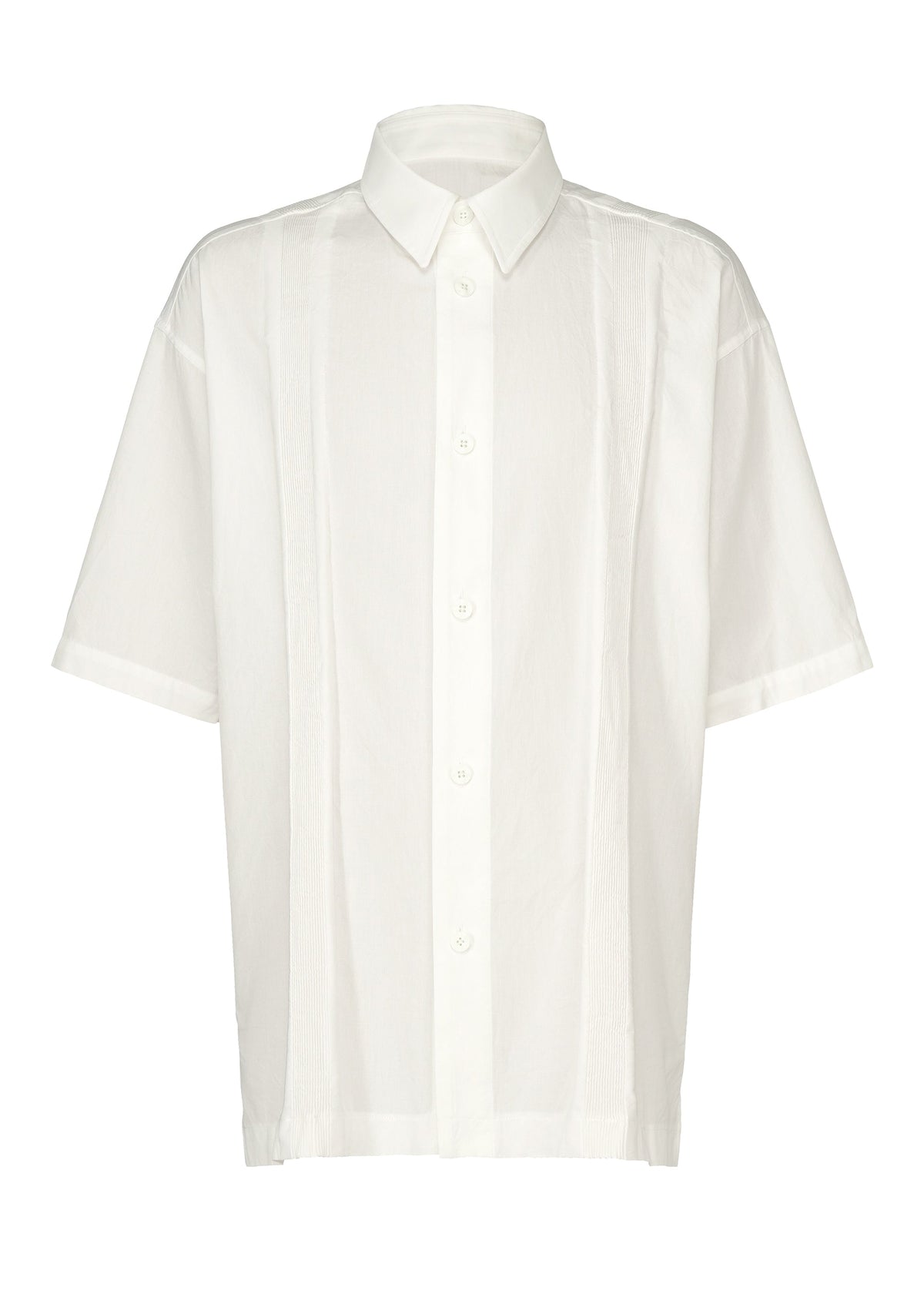 The CLAY SHIRT by IM MEN is a white cotton short-sleeved shirt featuring a classic collar and subtle vertical textured details on the front. view 1 of 8