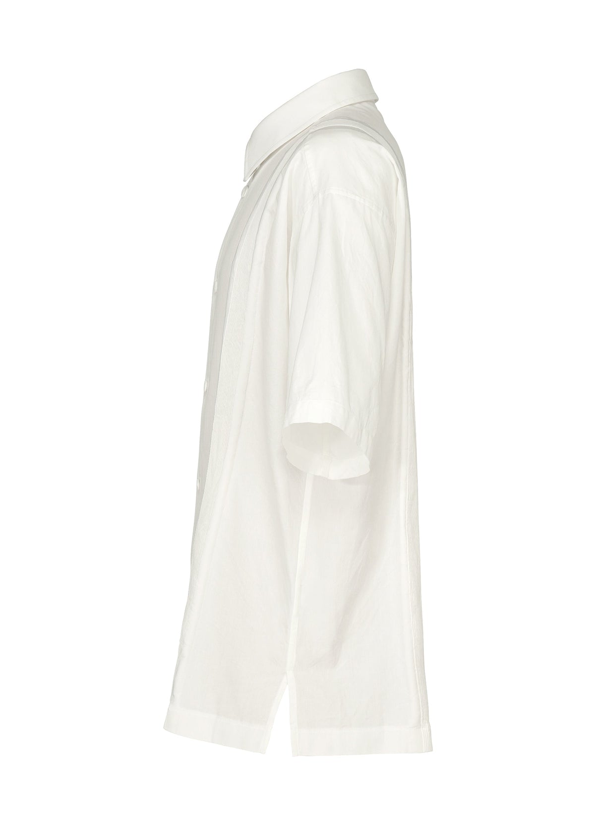 The IM MEN CLAY SHIRT is a white, short-sleeve cotton shirt with a collar, shown from the side on a plain white background. Made from lightweight fabric for comfort. view 4 of 8