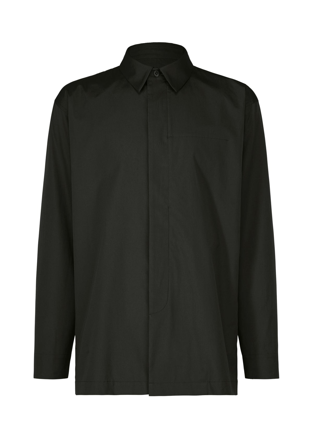 The IM MEN 140/2 SHIRT is a plain black long-sleeved shirt made from fine 140s cotton, with a regular collar, concealed button placket, and single chest pocket. Its minimalist design stands out against a white background. view 2 of 9