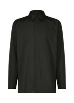 The IM MEN 140/2 SHIRT is a plain black long-sleeved shirt made from fine 140s cotton, with a regular collar, concealed button placket, and single chest pocket. Its minimalist design stands out against a white background. - BLACK （no.15）