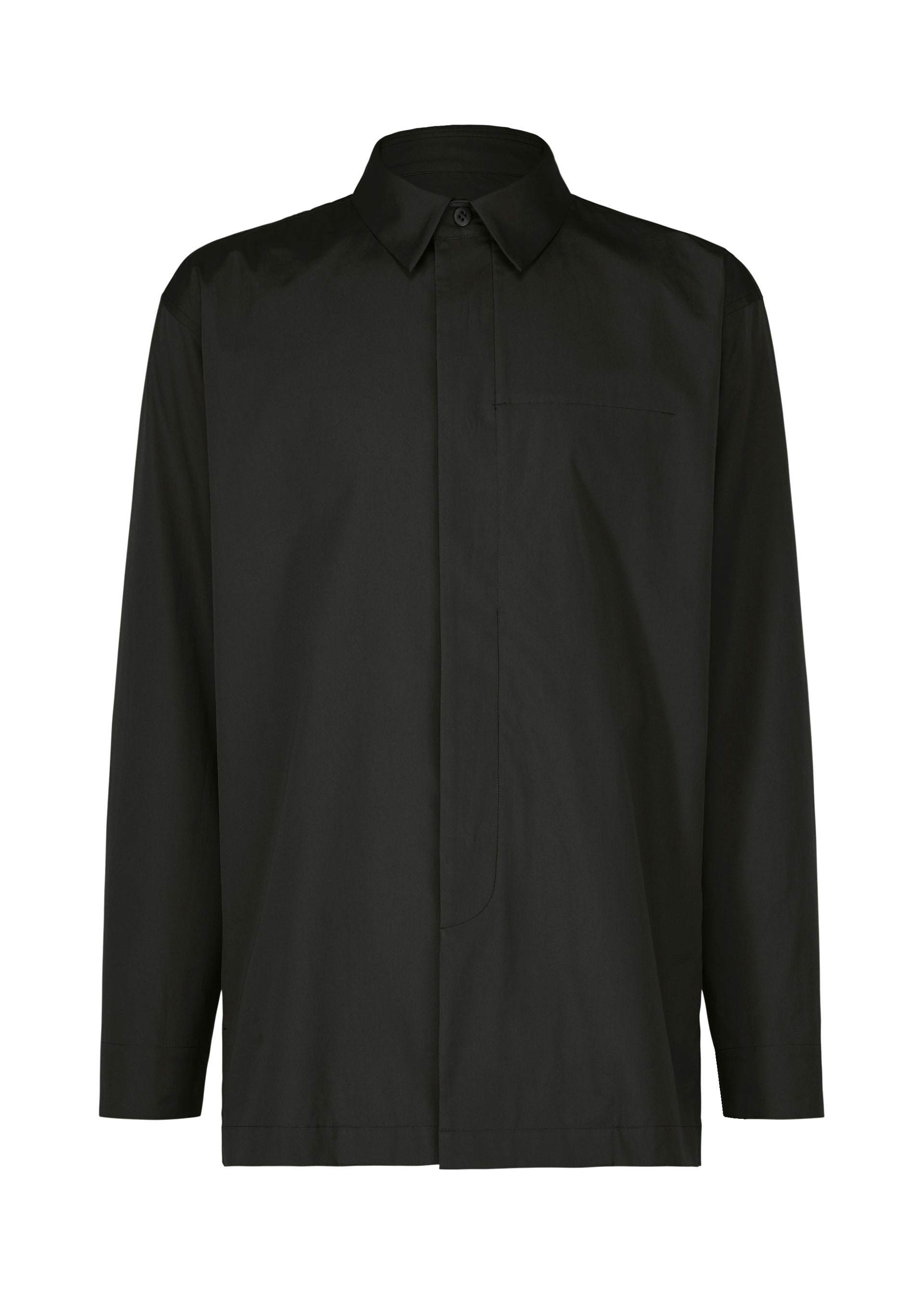 Zoomed view The IM MEN 140/2 SHIRT is a plain black long-sleeved shirt made from fine 140s cotton, with a regular collar, concealed button placket, and single chest pocket. Its minimalist design stands out against a white background. - BLACK （no.15）