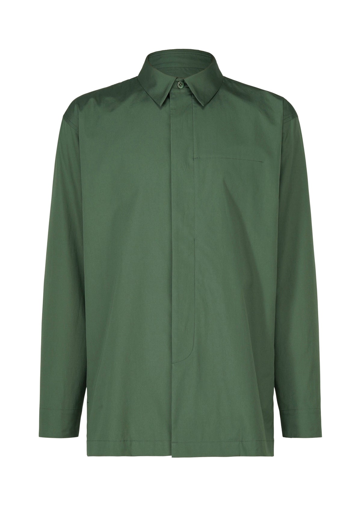 The IM MEN 140/2 SHIRT is a solid dark green, long-sleeved shirt made from premium 140s cotton, featuring a regular pointed collar, concealed front placket, minimalist design, single chest pocket, and no visible branding. view 3 of 9